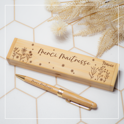 Coffret et stylo en bambou Merci Maîtresse personnalisable
