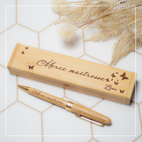 Coffret et stylo en bambou Merci Maîtresse personnalisable - Papillons